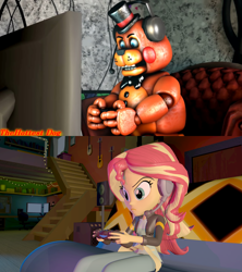 Size: 3840x4320 | Tagged: safe, sunset shimmer, equestria girls, g4, game stream, my little pony equestria girls: better together, 3d, controller, five nights at freddy's, five nights at freddy's 2, gamer sunset, headphones, headset, remake, source filmmaker, thehottest dog, toy freddy, ultimate custom night