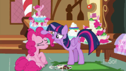 Size: 1280x720 | Tagged: safe, screencap, pinkie pie, twilight sparkle, alicorn, earth pony, pony, cakes for the memories, g4, my little pony: friendship is forever, 9go, animated, cute, diapinkes, duo, duo female, female, gif, loop, petting, sugarcube corner, twilight sparkle (alicorn)