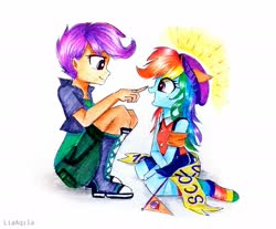 Size: 2801x2322 | Tagged: safe, artist:liaaqila, rainbow dash, scootaloo, equestria girls, g4, age swap, beanie, boop, clothes, commission, cute, daaaaaaaaaaaw, dashabetes, denim shorts, flag, happy, hat, high res, older, older scootaloo, open mouth, rainbow socks, role reversal, short hair, shorts, smiling, socks, striped socks, tomboy, traditional art, weapons-grade cute, younger