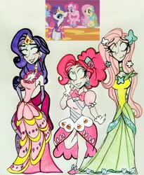 Size: 2406x2937 | Tagged: safe, artist:citi, screencap, fluttershy, pinkie pie, rarity, human, g4, suited for success, clothes, dress, gala dress, height difference, high res, humanized, scene interpretation, screencap reference, traditional art