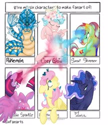 Size: 1080x1250 | Tagged: safe, artist:t.w.magicsparkel.9, cozy glow, fluttershy, princess luna, sunset shimmer, twilight sparkle, alicorn, gyarados, pegasus, pony, g4, blast, bow, crossover, ethereal mane, female, filly, flower, flower in hair, frown, glowing horn, hair bow, horn, looking up, magic, magic beam, magic blast, mare, one of these things is not like the others, pokémon, six fanarts, smiling, starry mane, twilight sparkle (alicorn)