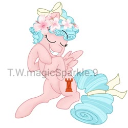 Size: 1080x1080 | Tagged: safe, alternate version, artist:t.w.magicsparkel.9, cozy glow, pegasus, pony, g4, bow, cozybetes, cute, eyes closed, female, filly, flower, flower in hair, hair bow, obtrusive watermark, simple background, smiling, solo, watermark, white background
