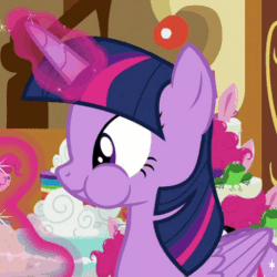 Size: 480x480 | Tagged: safe, screencap, twilight sparkle, alicorn, pony, cakes for the memories, g4, spoiler:cakes for the memories, spoiler:mlp friendship is forever, animated, aweeg*, cake, cheek bulge, chewing, chipmunk cheeks, cropped, cute, eating, female, food, gif, glowing horn, horn, loop, magic, mare, puffy cheeks, smiling, solo, sugarcube corner, telekinesis, twiabetes, twilight sparkle (alicorn)