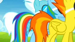 Size: 1280x720 | Tagged: safe, screencap, fleetfoot, rainbow dash, spitfire, pegasus, pony, g4, rainbow falls, female, folded wings, goggles, tail, wings