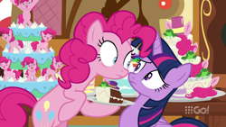 Size: 1280x720 | Tagged: safe, screencap, pinkie pie, twilight sparkle, alicorn, earth pony, pony, cakes for the memories, g4, my little pony: friendship is forever, 9go, bipedal, cake, duo, duo female, female, food, intense stare, nervous, stare, sugarcube corner, twilight sparkle (alicorn)