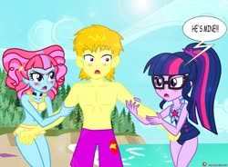 Size: 1075x792 | Tagged: safe, alternate version, artist:dieart77, kiwi lollipop, sci-twi, twilight sparkle, oc, oc:heat blitz, human, equestria girls, g4, my little pony equestria girls: better together, abs, arm grab, beach, belly button, bikini, blonde hair, blushing, canon x oc, cap, clothes, commission, cropped, daaaaaaaaaaaw, dialogue, female, fighting over boy, glasses, hair, hat, heart, heatwi, jealous, k-lo, legs, male, muscles, partial nudity, patreon, patreon commission, patreon logo, pink hair, ponytail, shipping, straight, swimming trunks, swimsuit, topless, water, yellow hair