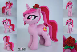 Size: 1800x1226 | Tagged: safe, artist:meplushyou, oc, oc:sandy rose, earth pony, pony, hearth's warming con, hearth's warming con 2020, earth pony oc, flower, irl, photo, pink coat, plushie, rose, solo