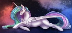 Size: 1500x698 | Tagged: safe, artist:sunny way, princess celestia, alicorn, pony, g4, belly, cloud, commission, concave belly, feather, female, finished commission, folded wings, hoers, hooves, horn, large wings, long mane, long tail, looking at you, lying down, mare, on side, prone, slender, smiling, smiling at you, solo, sparkles, sternocleidomastoid, tail, thin, wings