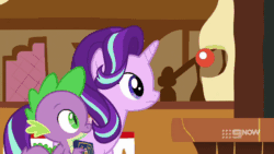 Size: 1200x675 | Tagged: safe, screencap, pinkie pie, spike, starlight glimmer, dragon, cakes for the memories, g4, my little pony: friendship is forever, animated, book, boop, noseboop, sugarcube corner, winged spike, wings