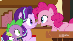 Size: 1280x720 | Tagged: safe, screencap, pinkie pie, spike, starlight glimmer, dragon, earth pony, pony, unicorn, cakes for the memories, g4, my little pony: friendship is forever, animated, book, boop, noseboop, sugarcube corner, winged spike, wings