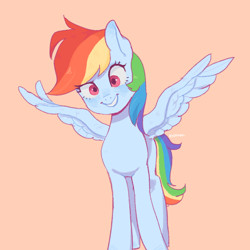Size: 916x916 | Tagged: safe, artist:nodambol, rainbow dash, pegasus, pony, g4, cute, dashabetes, female, mare, red background, simple background, smiling, solo, spread wings, wings