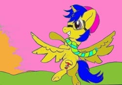 Size: 1146x796 | Tagged: safe, artist:lucky bolt, oc, oc only, oc:fire starter, alicorn, pony, clothes, explosion, goggles, hat, offspring, parent:flash sentry, parent:twilight sparkle, parents:flashlight, scarf, solo, striped scarf