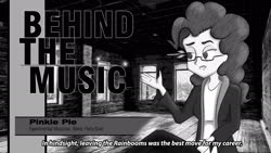 Size: 1920x1080 | Tagged: safe, artist:zaid val'roa, pinkie pie, equestria girls, g4, behind the music, female, monochrome, solo, subtitles, text