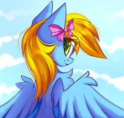 Size: 2645x2512 | Tagged: safe, artist:airiniblock, oc, oc only, oc:lucky bolt, pegasus, pony, rcf community, bow, chest fluff, female, green eyes, hair bow, high res, looking at you, looking back, looking back at you, mare, pegasus oc, sky, smiling, smiling at you, solo, wings