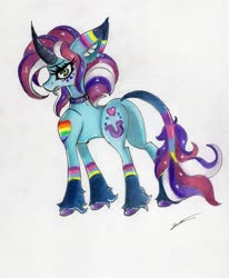 Size: 2407x2925 | Tagged: safe, artist:luxiwind, oc, oc only, oc:mirage star, pony, unicorn, collar, ear piercing, female, high res, mare, piercing, solo, spiked collar, tongue out, traditional art, unshorn fetlocks