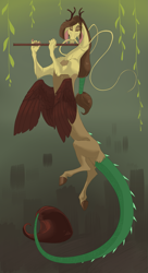 Size: 1235x2272 | Tagged: safe, artist:varwing, oc, oc only, oc:leaflitter, draconequus, hybrid, flute, interspecies offspring, male, musical instrument, offspring, parent:discord, parent:fluttershy, parents:discoshy, solo