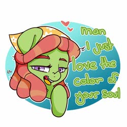 Size: 1500x1500 | Tagged: safe, artist:lou, tree hugger, pony, g4, abstract background, bust, circle background, dialogue, female, heart, looking at you, mare, open mouth, portrait, solo