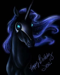 Size: 576x720 | Tagged: artist needed, safe, nightmare moon, alicorn, pony, g4, black background, bust, ethereal mane, female, glowing eyes, happy birthday, helmet, hoers, mare, simple background, solo, starry mane, text
