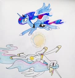Size: 1080x1112 | Tagged: safe, artist:princess.luna.officially, princess celestia, princess luna, alicorn, pony, g4, duo, female, flying, hoof shoes, jewelry, mare, peytral, siblings, sun, tiara, traditional art