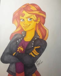 Size: 1080x1350 | Tagged: safe, artist:boom_towne, sunset shimmer, equestria girls, g4, clothes, crossed arms, cutie mark, cutie mark on clothes, dreamworks face, female, signature, smiling, solo, traditional art