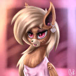 Size: 1024x1024 | Tagged: safe, artist:cherrymocaccino, artist:zuko42, oc, oc only, oc:cherry mocaccino, bat, bat deer, deer, deer pony, original species, vampire, bust, chest fluff, clothes, ear piercing, earring, eyeshadow, fangs, freckles, heart, jewelry, looking at you, makeup, piercing, portrait, simple background, solo, tongue out