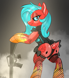 Size: 1062x1200 | Tagged: safe, artist:brainiac, oc, oc only, oc:o-5, pony, robot, robot pony, arcatar animatronics, commission, female, gun, mare, solo, weapon