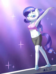 Size: 1500x2000 | Tagged: safe, artist:melliedraws, rarity, anthro, plantigrade anthro, g4, armpits, beam, blushing, clothes, compression shorts, female, gymnastics, heart nostrils, one eye closed, pose, sexy, shorts, showing off, socks, solo, sports bra, sports shorts, stylish, sultry pose, wink