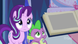 Size: 640x360 | Tagged: safe, screencap, pinkie pie, spike, starlight glimmer, twilight sparkle, alicorn, dragon, earth pony, pony, unicorn, cakes for the memories, g4, spoiler:cakes for the memories, spoiler:mlp friendship is forever, animated, book, cake, female, food, looking at each other, magic, male, mare, out of context, sleeping, tired, twilight sparkle (alicorn), twilight's castle, winged spike, wings