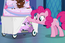 Size: 747x497 | Tagged: safe, screencap, pinkie pie, spike, starlight glimmer, dragon, earth pony, pony, unicorn, cakes for the memories, g4, spoiler:cakes for the memories, spoiler:mlp friendship is forever, cake, cropped, female, food, male, mare, winged spike, wings