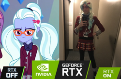 Size: 740x486 | Tagged: safe, sugarcoat, sunny flare, human, equestria girls, g4, barrette, cellphone, clothes, cosplay, costume, crossdressing, crossplay, door, drag, geforce, geforce rtx, geforce rtx meme, glasses, graphics, irl, irl human, nvidia, pc graphics, phone, photo, rtx, skirt