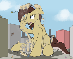 Size: 2468x2014 | Tagged: safe, artist:rapidstrike, oc, oc only, oc:lucy, earth pony, pony, building, city, context is for the weak, destruction, female, giant pony, high res, implied growth, macro, mare, one eye closed, open mouth, sitting, solo