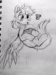 Size: 1573x2102 | Tagged: safe, artist:raily, derpy hooves, pegasus, pony, g4, basket, cloud, falling, female, food, muffin, sketch, sky, solo, spread wings, traditional art, wings