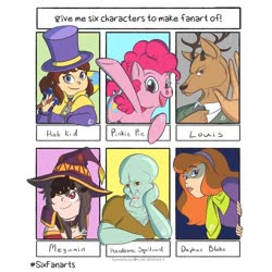 Size: 840x840 | Tagged: safe, artist:raecoon_art, pinkie pie, cat, earth pony, human, pony, anthro, g4, a hat in time, anthro with ponies, antlers, beastars, bust, crossover, daphne blake, faic, female, handsome squidward, hat, hat kid, konosuba, louis (beastars), male, mare, megumin, open mouth, scooby-doo!, six fanarts, smiling, spongebob squarepants, squidward tentacles, top hat, underhoof, waving