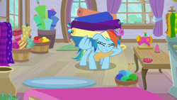 Size: 1920x1080 | Tagged: safe, screencap, rainbow dash, pegasus, pony, dragon dropped, g4, carrying, fabric, female, knitting needles, mare, sewing machine, solo, wing hands, wings, yarn, yarn ball