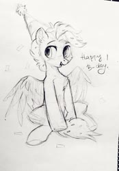Size: 1506x2164 | Tagged: safe, artist:raily, pegasus, pony, black and white, confetti, grayscale, hat, monochrome, party hat, pony oc, sitting, sketch, solo, spread wings, traditional art, wings