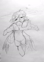 Size: 1478x2048 | Tagged: safe, artist:raily, pegasus, pony, black and white, cloud, eyes closed, female, grayscale, mare, monochrome, sky, sleeping, sleepy, spread wings, traditional art, wings