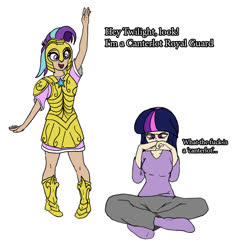 Size: 945x1000 | Tagged: safe, artist:slamjam, starlight glimmer, twilight sparkle, human, g4, alternate universe, armor, clothes, duo, historical roleplay starlight, humanized, missing shoes, royal guard, royal guard armor, simple background, socks