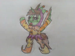 Size: 2047x1529 | Tagged: safe, artist:paladin360, oc, oc:frost d. tart, alicorn, pony, alicorn oc, bipedal, clothes, costume, horn, jester, male, solo, stallion, traditional art, wings