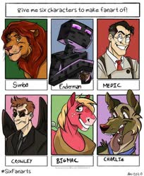 Size: 990x1214 | Tagged: dead source, safe, artist:axis_intercept, big macintosh, big cat, demon, dog, earth pony, enderman, german shepherd, human, lion, pony, g4, all dogs go to heaven, anthony j. crowley, border collie, bust, charlie barkin, clothes, collar, crossover, don bluth, freckles, good omens, grin, horse collar, male, medic, medic (tf2), minecraft, mixed breed, necktie, shollie, simba, six fanarts, smiling, stallion, suit, sunglasses, team fortress 2, the lion king