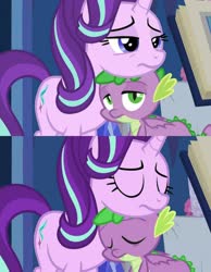 Size: 2243x2896 | Tagged: safe, edit, edited screencap, screencap, spike, starlight glimmer, dragon, pony, unicorn, cakes for the memories, g4, my little pony: friendship is forever, cropped, cute, daaaaaaaaaaaw, eyes closed, female, glimmerbetes, high res, hnnng, male, mare, spikabetes, winged spike, wings