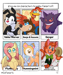 Size: 3000x3582 | Tagged: safe, artist:akaitsukii, fluttershy, bear, bird, cat, fawn, gengar, pegasus, pony, anthro, g4, animaniacs, anthro with ponies, backpack, banjo kazooie, bowtie, bust, cats don't dance, clothes, crossover, female, grin, hat, high res, hummingmint, male, mare, open mouth, pokémon, six fanarts, smiling, tongue out, warner brothers, yakko warner