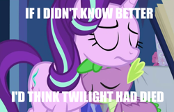 Size: 2243x1448 | Tagged: safe, edit, edited screencap, screencap, spike, starlight glimmer, dragon, pony, unicorn, cakes for the memories, g4, my little pony: friendship is forever, caption, eyes closed, female, male, mare, meme