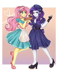 Size: 3500x4300 | Tagged: safe, artist:lucy-tan, fluttershy, rarity, human, equestria girls, g4, adorasexy, breasts, cleavage, clothes, commission, cute, dessert, duo, duo female, female, food, gloves, high res, lesbian, looking at you, open mouth, pie, sexy, ship:flarity, shipping, tray, waitress
