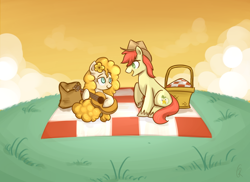 Size: 1100x800 | Tagged: safe, artist:xwreathofroses, bright mac, pear butter, earth pony, pony, g4, the perfect pear, basket, female, flower, flower in hair, guitar, hat, male, musical instrument, picnic, picnic basket, picnic blanket, scene interpretation, ship:brightbutter, shipping, straight, you're in my head like a catchy song