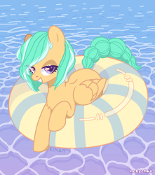 Size: 1800x2040 | Tagged: safe, artist:einarco, artist:nebychko, oc, oc only, oc:mango foalix, pegasus, pony, commission, female, floating, grin, inner tube, looking at you, mare, pool toy, smiling, swimming pool, water, your character here