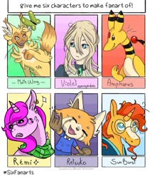 Size: 1005x1137 | Tagged: safe, artist:miss_anthesy, sunburst, ampharos, butterfly, cat, human, pony, red panda, unicorn, anthro, g4, aggretsuko, anthro with ponies, bust, clothes, crossover, devil horn (gesture), female, fluffy, glasses, male, moth wings, pokémon, retsuko, sanrio, scarf, six fanarts, smiling, stallion, sunglasses, violet evergarden, warrior cats, wings