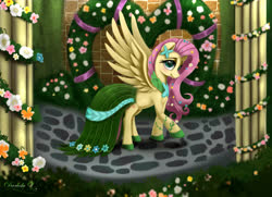 Size: 4490x3250 | Tagged: safe, artist:darksly, fluttershy, pegasus, pony, g4, clothes, dress, female, flower, flower in hair, gala dress, mare, solo