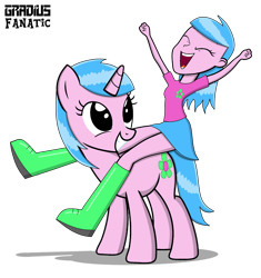 Size: 2062x2196 | Tagged: safe, artist:gradiusfanatic, oc, pony, unicorn, equestria girls, g4, duo, female, high res, humans riding ponies, riding, self paradox, self ponidox, simple background, transparent background