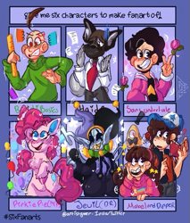 Size: 535x627 | Tagged: safe, artist:artistgmer, pinkie pie, demon, earth pony, gem (race), human, hybrid, hyena, imp, pony, anthro, g4, aggretsuko, anthro with ponies, bill cipher, brother and sister, bust, clothes, colored hooves, crossover, deltarune, dipper pines, female, gravity falls, haida, hat, jevil, mabel pines, male, mare, necktie, peace sign, sanrio, siblings, six fanarts, spoilers for another series, steven quartz universe, steven universe, steven universe future, wall smath