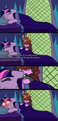 Size: 700x1447 | Tagged: safe, artist:slamjam, starlight glimmer, twilight sparkle, alicorn, pony, unicorn, g4, angry, armor, bed, comic, female, glowing eyes, glowing eyes meme, historical roleplay starlight, mare, omae wa mou shindeiru, pillow, samurai, sleeping, this will end in mutilation, this will end in pain and/or death
